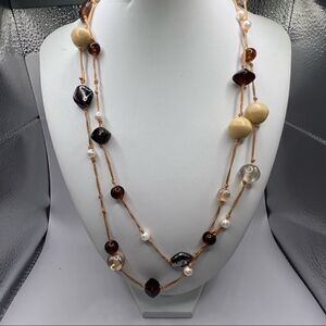 Long Twine-Like/Rope Beaded Necklace. Faux Pearl and Glass Beaded Long Necklace.